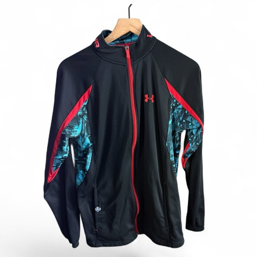 Under Armour Men's Black Jacket with Red and Teal Accents